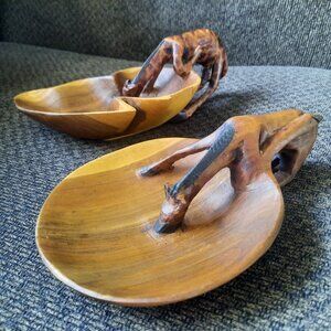 SET OF 2 African Giraffe Drinking Bowl Hand carved Wooden- One Piece, 7.5"